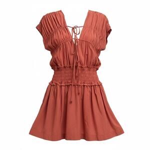 Pinkfilosofy Women Red V-Neck Cap Sleeves Smocked Waist Mini Dress Size L-NWT